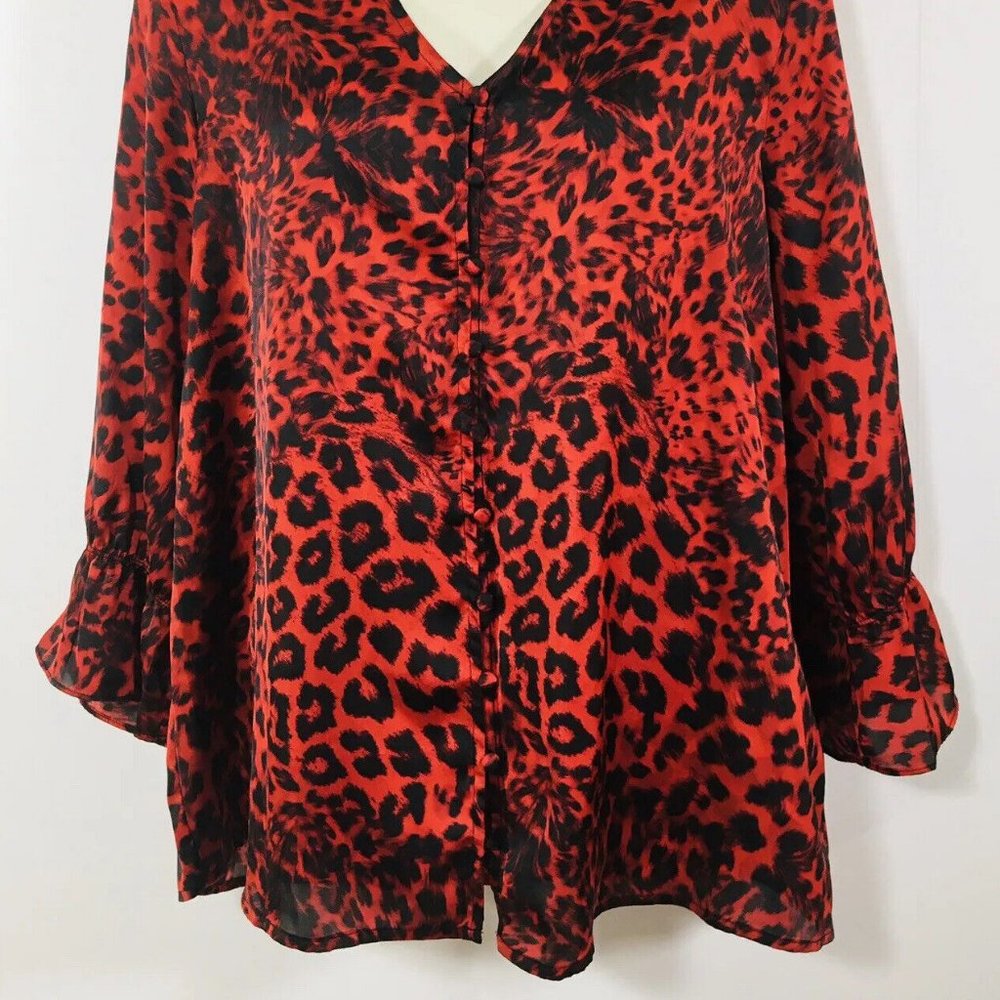 Zac & Rachel Womens Satin Blouse Sz P/ L Red Cheetah Print Covered Buttons